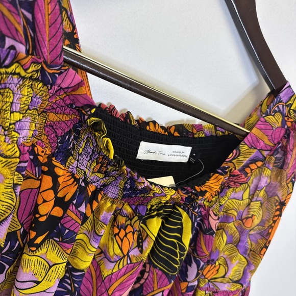 Anthropologie Alexandra Farmer Butterfly Print Smocked Blouse Pink Combo M NEW - Picture 9 of 12